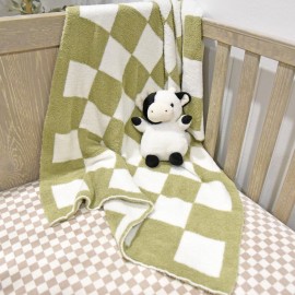 Checkered Baby Blanket 28x40 with Leather Patch - DreamSoft Knitted Throw for Crib/Stroller - Receiving Blanket/Newborn Nursery Gift Essential for Toddler, Infant, Babies or Kids (Sage Green/White)