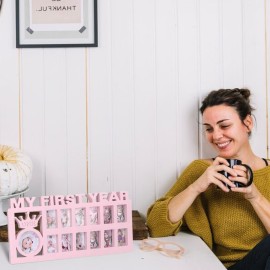 Elfzone My First Year Picture Frame - Baby First Year Photo Frame for Baby 12 Month Picture Frame and Growth Record, Pink
