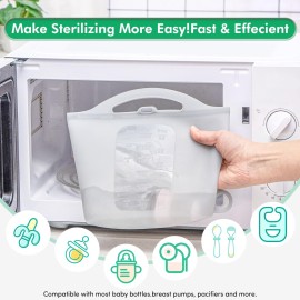 DOYOQI 2 Pack Silicone Microwave Steam Sterilizer Bags, 1.5L Reusable Steam Bags for Home and Travel, Silicone Fresh Keeping Bag for Baby Bottles, Accessories, Gray