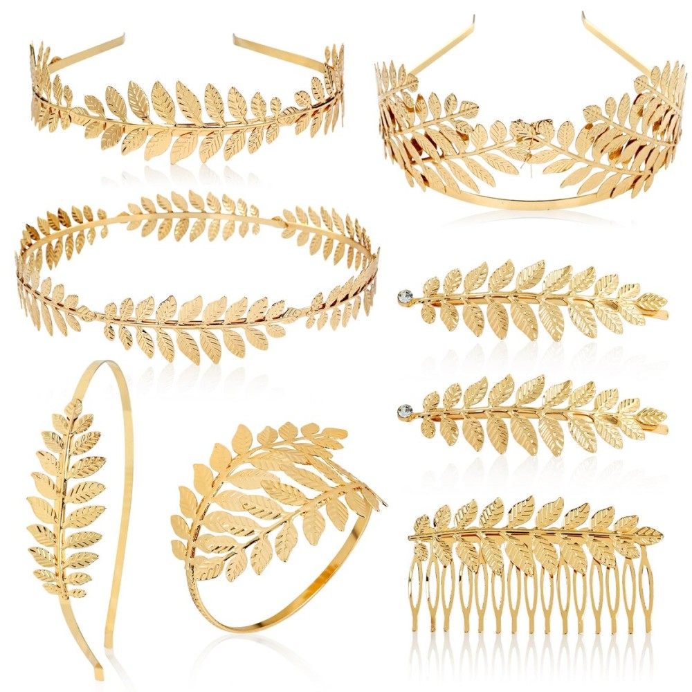 inSowni 8 Pieces Greek Roman Goddess Laurel Gold Leaf Crowns Tiaras Headbands +Leaves Hair Side Comb+Leaf Hair Clips+Laurel Bracelet Armband Bridal Wedding Headpieces Accessories for Women