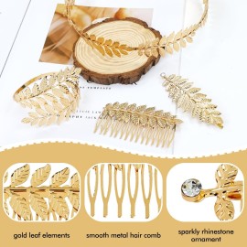 inSowni 8 Pieces Greek Roman Goddess Laurel Gold Leaf Crowns Tiaras Headbands +Leaves Hair Side Comb+Leaf Hair Clips+Laurel Bracelet Armband Bridal Wedding Headpieces Accessories for Women