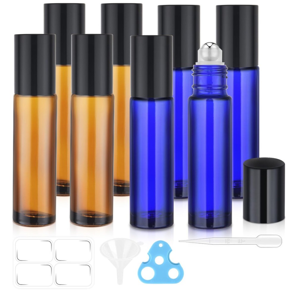 bofessor Essential Oil Roller Bottles, 10ml Glass Roll on Bottles with Stainless Steel Roller Ball, Opener, Pipettes, Funnel, Stickers, Refillable Container for Perfume (4 Amber & 4 Blue)
