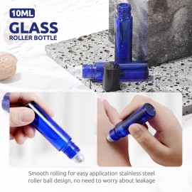 bofessor Essential Oil Roller Bottles, 10ml Glass Roll on Bottles with Stainless Steel Roller Ball, Opener, Pipettes, Funnel, Stickers, Refillable Container for Perfume (4 Amber & 4 Blue)