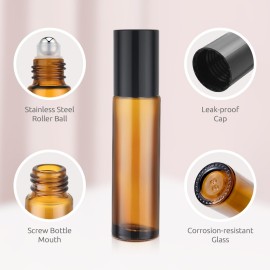 bofessor Essential Oil Roller Bottles, 10ml Glass Roll on Bottles with Stainless Steel Roller Ball, Opener, Pipettes, Funnel, Stickers, Refillable Container for Perfume (4 Amber & 4 Blue)