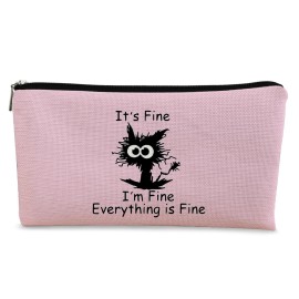 BARPERY Black Cat Makeup Bag - Funny \'I\'m Fine\' Cosmetic Bag, Pink Zipper Travel Toiletry Bag for Cat Lovers, Teen Girls & Cat Owners Gifts