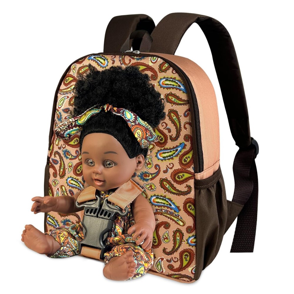 Nice2you Black Baby Doll in Take Along Backpack Carrier, 10in American African Girl Doll for Toddlers and Kids Aged 1-3 2 4 5 Year Old, Backpack for Baby Doll Accessories Storage