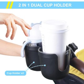 JINKEY Universal 360Rotation Dual Cup Holder for Baby Stroller, Adjustable 2 in 1 Double Stroller Cup Holder Attachment for Bike, Wheelchair, Scooter
