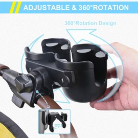 JINKEY Universal 360Rotation Dual Cup Holder for Baby Stroller, Adjustable 2 in 1 Double Stroller Cup Holder Attachment for Bike, Wheelchair, Scooter
