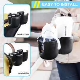 JINKEY Universal 360Rotation Dual Cup Holder for Baby Stroller, Adjustable 2 in 1 Double Stroller Cup Holder Attachment for Bike, Wheelchair, Scooter