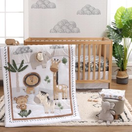 The Peanutshell 4 Piece Organic Cotton Baby Crib Bedding Set for Boys & Girls - Newborn, Infant & Toddler Nursery Bed Set Decor with Two Crib Sheets, Dust Ruffle Comforter - Safari Serenity
