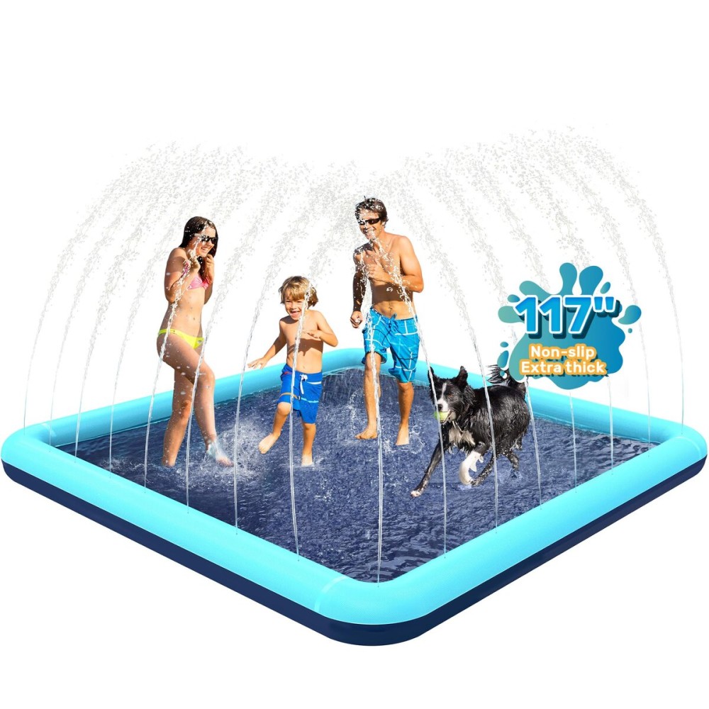 Bilibara 117\'\' Splash Pad for Dogs, Non-Slip Sprinkler for Kids, Square Splash Pad for Kids Ages 4-8, Splash Pads for Toddlers 1-3, Dog Sprinkler Shallow Pool, Outdoor Water Toys for Backyard, Teal