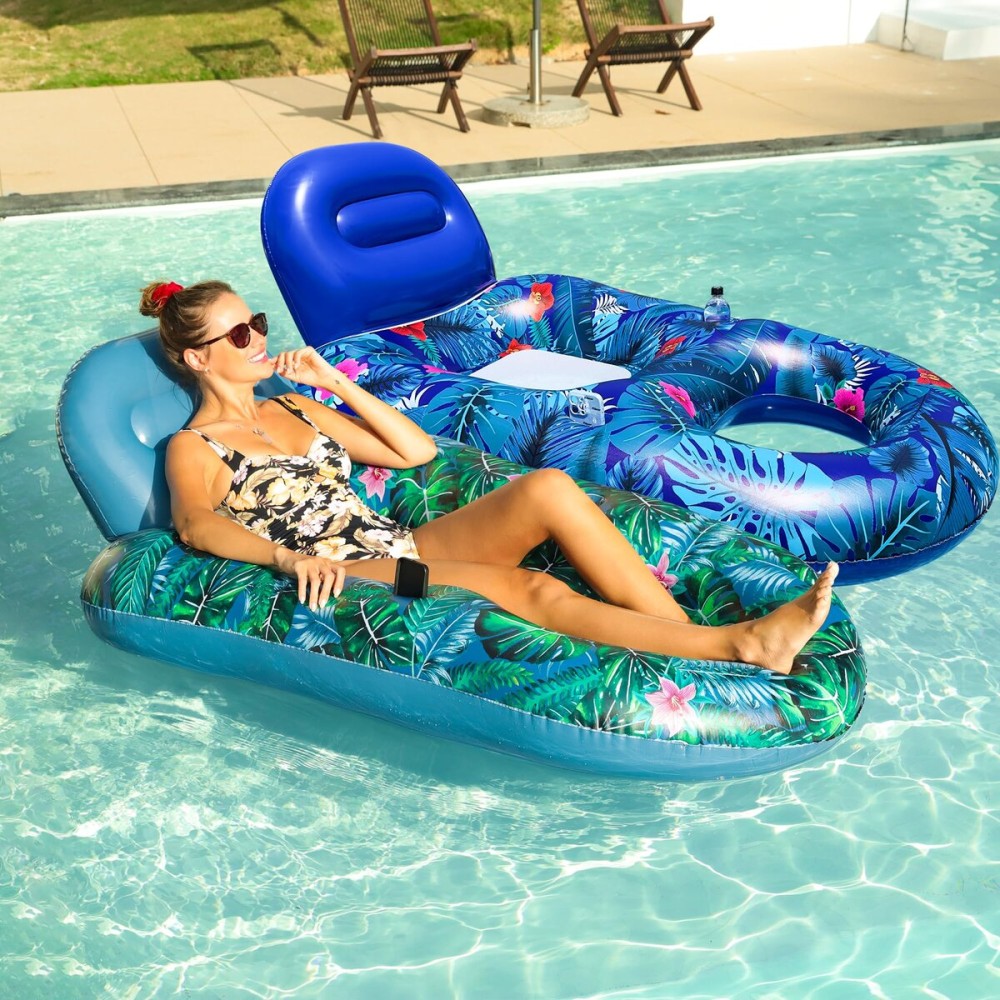 FindUWill Pool Floats Chairs Adult - 2 Pack 65\'\' x 42\'\' Large Pool Float Chairs, Inflatable Pool Lounger with Cup Phone Holder, Backrest, Footrest, Tanning Pool Lounge (Blue&Green)