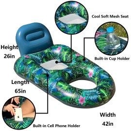 FindUWill Pool Floats Chairs Adult - 2 Pack 65\'\' x 42\'\' Large Pool Float Chairs, Inflatable Pool Lounger with Cup Phone Holder, Backrest, Footrest, Tanning Pool Lounge (Blue&Green)