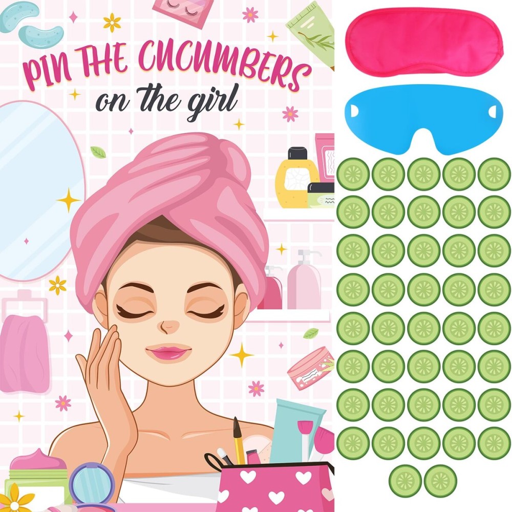 Hxezoc Spa Party Games Pin The Cucumbers on The Girl With 42 Pcs Cucumber Stickers, Large Spa Party Games Poster for Kids Girls Women Spa Birthday Party Carnival Supplies