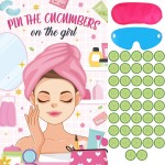 Hxezoc Spa Party Games Pin The Cucumbers on The Girl With 42 Pcs Cucumber Stickers, Large Spa Party Games Poster for Kids Girls Women Spa Birthday Party Carnival Supplies