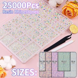 25000Pcs Resin Jelly Rhinestones for Crafting, Transparent AB 2-6mm Mixed Sizes Non Hotfix Flatback Gems, Bedazzling Crystal for DIY Crafts Clothing Tumblers Mugs Shoes Fabric Nail Art