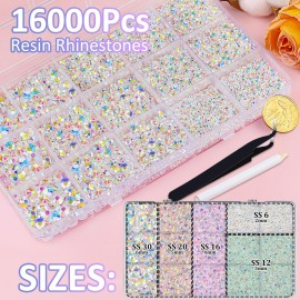 16000Pcs Resin Jelly Rhinestones for Crafting, Transparent AB Flatback Gems, Bedazzling Crystal with 3Pcs 10ml B7000 Jewelry Glue for DIY Crafts Clothing Tumblers Shoes Fabric Nail Art