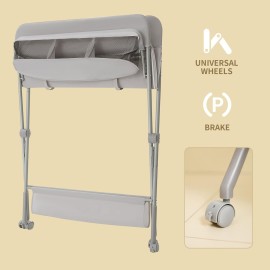 KARAOK Baby Changing Table with Wheels, Portable Diaper Changing Station with 4-Level Height Adjustment & Storage Rack for Newborn, Infant(Light Grey)