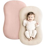 Konssy Muslin Baby Lounger Cover 2 Pack, 100% Cotton Newborn Lounger Cover, Soft and Breathable Baby Nest Slipcover for Boys Girls (Pink,Wheat)