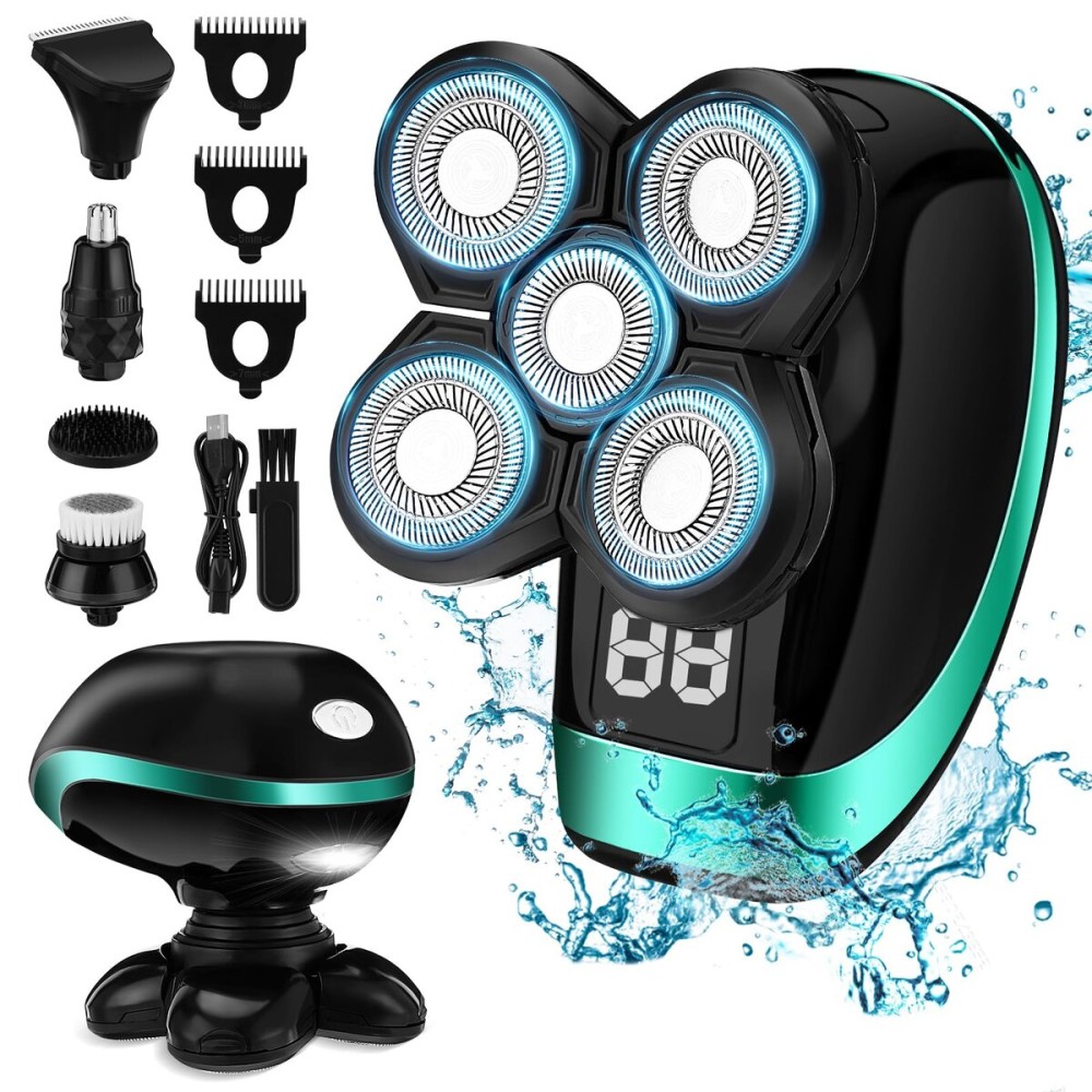 Head Shavers for Bald Men, 5D Electric Razor Dolodomy 5 in 1 Waterproof Display Mens Shaver for Wet Dry Electric Skull Shavers with LED Lights Nose Hair Sideburns Trimmer and Face Cleaning Brush