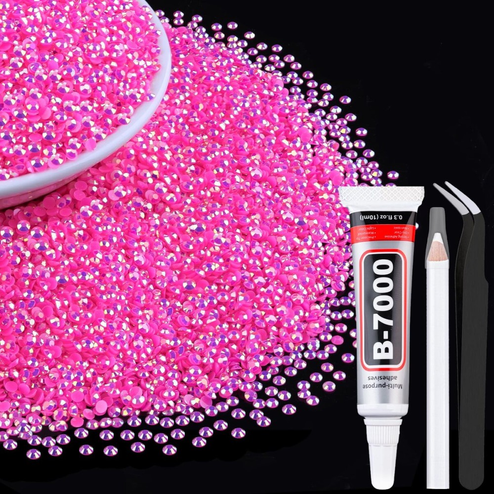 10000Pcs 2mm Resin Jelly Rhinestones with 1Pcs 10ml B7000 Jewelry Glue for Crafting, Hot Pink AB Flatback Gems, Bedazzling Crystal Bulk for DIY Crafts Clothing Tumblers Shoes Nail Art Fabric