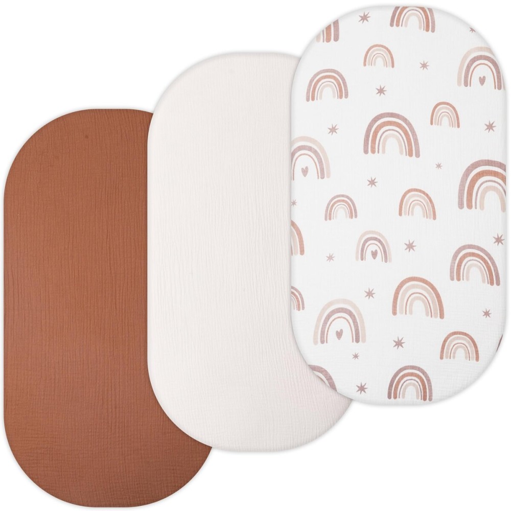 TansyPanda Muslin Bassinet Sheets for Munchkin Brica, 4moms MamaRoo, Nordmiex, Snoo Bassinet, Pack 3, 18 x 30 in, Ultra Soft, Breathable, Snug Fit, Unisex Boys and Girls, Brown Rainbow