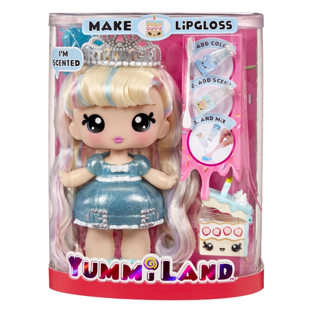 Yummiland Large Doll + Lipgloss Pet- Callie Birthday Cake, Age 4+