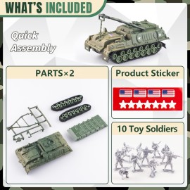 MaozyHomie Army Tank and Army Men Toys Playset, 2pc 1:72 US Tank-4 Models & 10pc Toy Soldiers, Olive Drab Green WW2 Military Vehicle for Boys