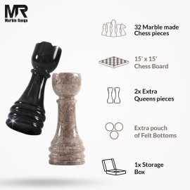 Marble Chess Set for Adults 15 Handmade Oceanic & Black Board Game with 32 Chess Pieces, 2 Extra Queens & Storage Box, Luxury Travel Game, Elegant Gift for Home Decor