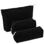 Huhumy 3 Pcs Makeup Bag Set for Women Corduroy Cosmetic Pouch Aesthetic Smile Travel Toiletry Bag Cute Purse Pouch Pencil Case Makeup Brushes Storage Organizer with Zipper(Black,Solid Style)