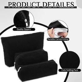 Huhumy 3 Pcs Makeup Bag Set for Women Corduroy Cosmetic Pouch Aesthetic Smile Travel Toiletry Bag Cute Purse Pouch Pencil Case Makeup Brushes Storage Organizer with Zipper(Black,Solid Style)