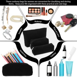 Huhumy 3 Pcs Makeup Bag Set for Women Corduroy Cosmetic Pouch Aesthetic Smile Travel Toiletry Bag Cute Purse Pouch Pencil Case Makeup Brushes Storage Organizer with Zipper(Black,Solid Style)