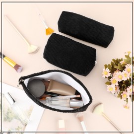 Huhumy 3 Pcs Makeup Bag Set for Women Corduroy Cosmetic Pouch Aesthetic Smile Travel Toiletry Bag Cute Purse Pouch Pencil Case Makeup Brushes Storage Organizer with Zipper(Black,Solid Style)
