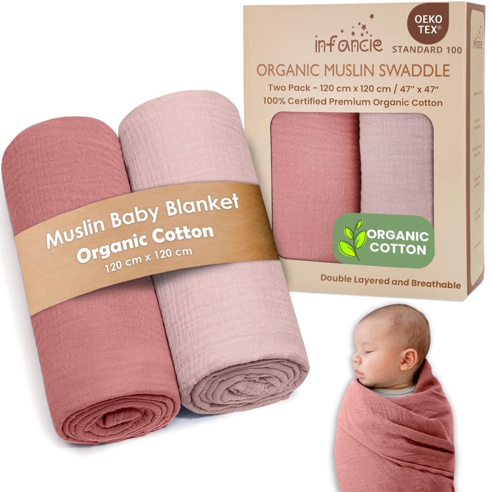 Organic Cotton Muslin Baby Blanket - 47x47 Inch Breathable Swaddle, Hypoallergenic Double-Layer, Versatile Use (Rose/Peach, 47x47 Inch)