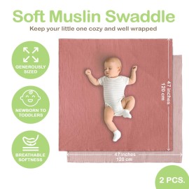 Organic Cotton Muslin Baby Blanket - 47x47 Inch Breathable Swaddle, Hypoallergenic Double-Layer, Versatile Use (Rose/Peach, 47x47 Inch)