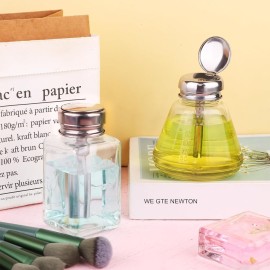 2 Pcs 6 Oz/ 180 ml Clear Pump Dispenser Bottle with Metal Flip Cover Glass Nail Polish Remover Push Down Dispenser Bottle Refillable Push Down Pump Dispenser Press Container for Makeup Remover