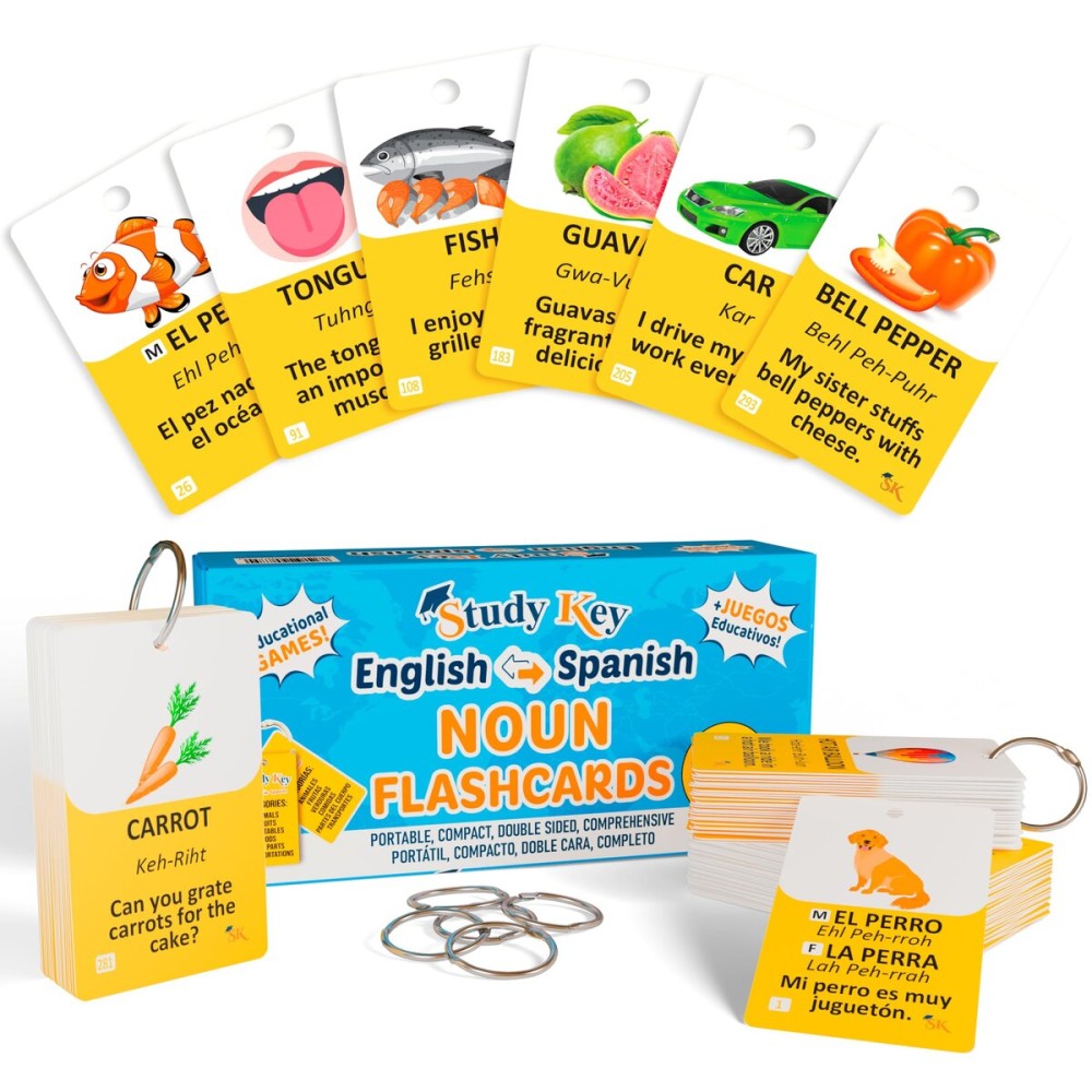 300 Vocabulary Flashcards | Double Sided English-Spanish Flash Cards for Adults & Kids Ages 12+ | Portable Noun Flash Cards to Learn Spanish for Adult Beginners
