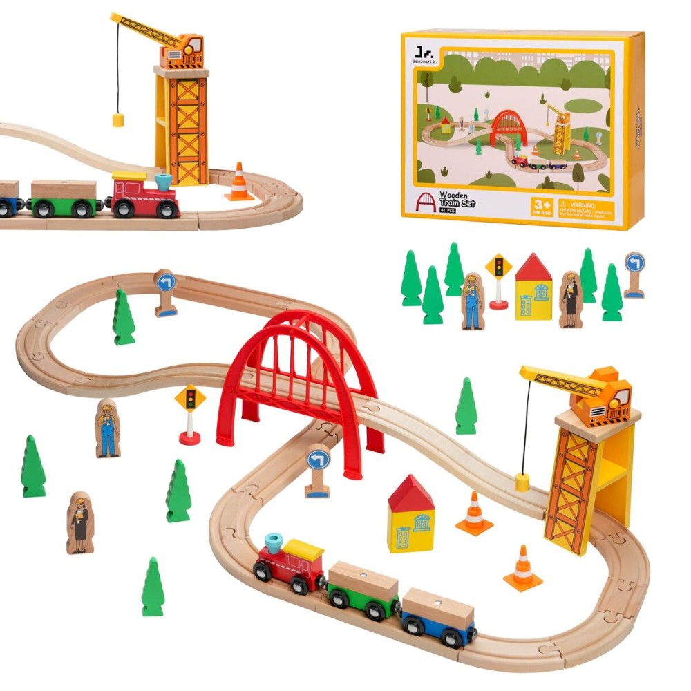 SainSmart Jr. 41 Pcs Deluxe Wooden Train Set for Toddler, Wood Train Track w/Crane Fits Brio Thomas, Melissa and Doug for Kids Ages 3+