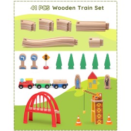 SainSmart Jr. 41 Pcs Deluxe Wooden Train Set for Toddler, Wood Train Track w/Crane Fits Brio Thomas, Melissa and Doug for Kids Ages 3+