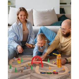 SainSmart Jr. 41 Pcs Deluxe Wooden Train Set for Toddler, Wood Train Track w/Crane Fits Brio Thomas, Melissa and Doug for Kids Ages 3+