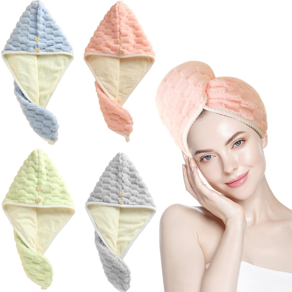 JSUSOU Tinyera 4 Pack Microfiber Hair Towel for Girls Fast Drying, Hair Turban with Adjustable Button, Hair Towel Wrap for Women Wet Hair, Anti Frizz Hair Drying Towel, Perfect for Home or Travel Use