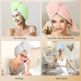 JSUSOU Tinyera 4 Pack Microfiber Hair Towel for Girls Fast Drying, Hair Turban with Adjustable Button, Hair Towel Wrap for Women Wet Hair, Anti Frizz Hair Drying Towel, Perfect for Home or Travel Use