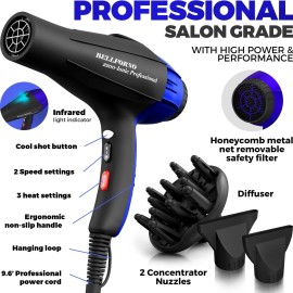 Professional 2200W Ionic Salon Hair Dryer - Professional Blow Dryer - Hair dryers for Women - Hairdryer with Diffuser (Black/Blue)