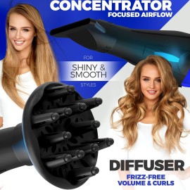 Professional 2200W Ionic Salon Hair Dryer - Professional Blow Dryer - Hair dryers for Women - Hairdryer with Diffuser (Black/Blue)