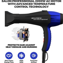 Professional 2200W Ionic Salon Hair Dryer - Professional Blow Dryer - Hair dryers for Women - Hairdryer with Diffuser (Black/Blue)