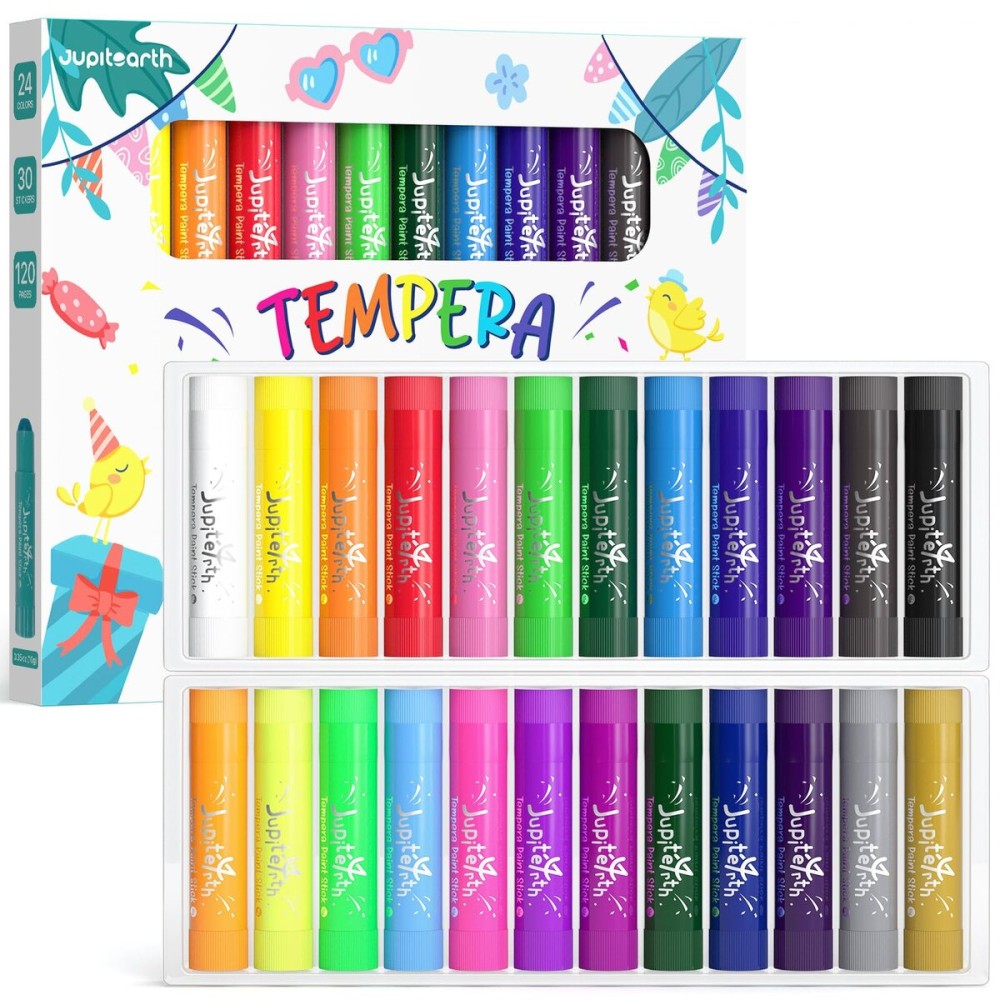 JUPITEARTH 24 Colors Tempera Paint Sticks with 120 PDF Coloring Pages and 30 Stickers, Quick Drying, Smooth, Non-Toxic and Washable Paint Sticks for Kids, Art Supplies for Drawing on Various Objects