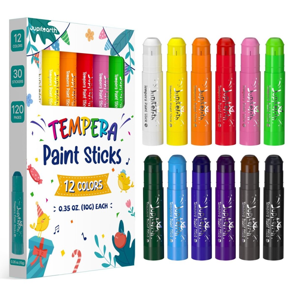 JUPITEARTH 12 Colors Tempera Paint Sticks with 120 PDF Coloring Pages and 30 Stickers, Quick Drying, Smooth, Non-Toxic and Washable Paint Sticks for Kids, Art Supplies for Drawing on Various Objects