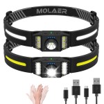 MOLAER LED Headlamp Rechargeable 2PCS, Wide Beam Bright Headlight Flashlight with White Red Light, Lightweight, Weatherproof, 9 Modes Motion Sensor Head Lamp for Outdoor Camping Running