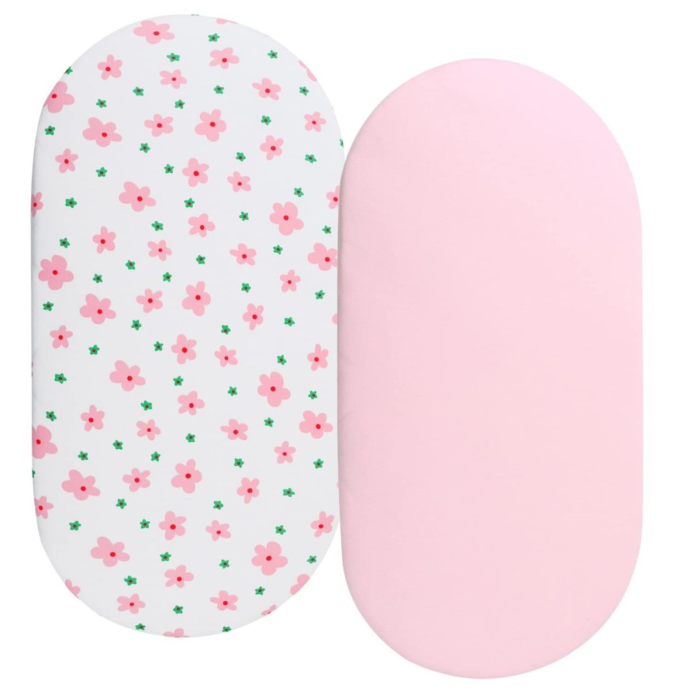 Bassinet Sheets Compatible with Dream On Me Traveler/Skylar/Seashell/Lotus Bassinet, INFANS, Maydolly and Evolur Stellar Bassinet, 2 Pack Fitted Sheets, 100% Jersey Knit Cotton, Floral and Pink