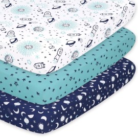 The Peanutshell 3-Pack Fitted Playard Sheets - Soft & Breathable Baby Boy or Girl Mini Crib Sheets, Pack N Play Mattress, Fits Standard Playard Pack Play Mattresses - Space